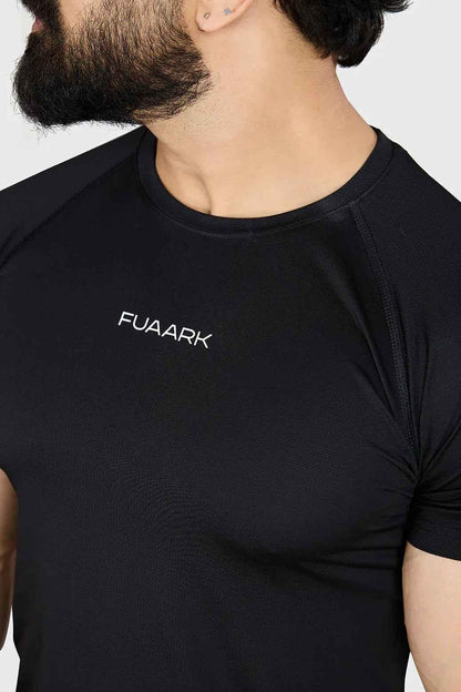 Fuaark Nz black T-shirt, stylish and comfortable essential, shown flat with crew neckline and short sleeves.