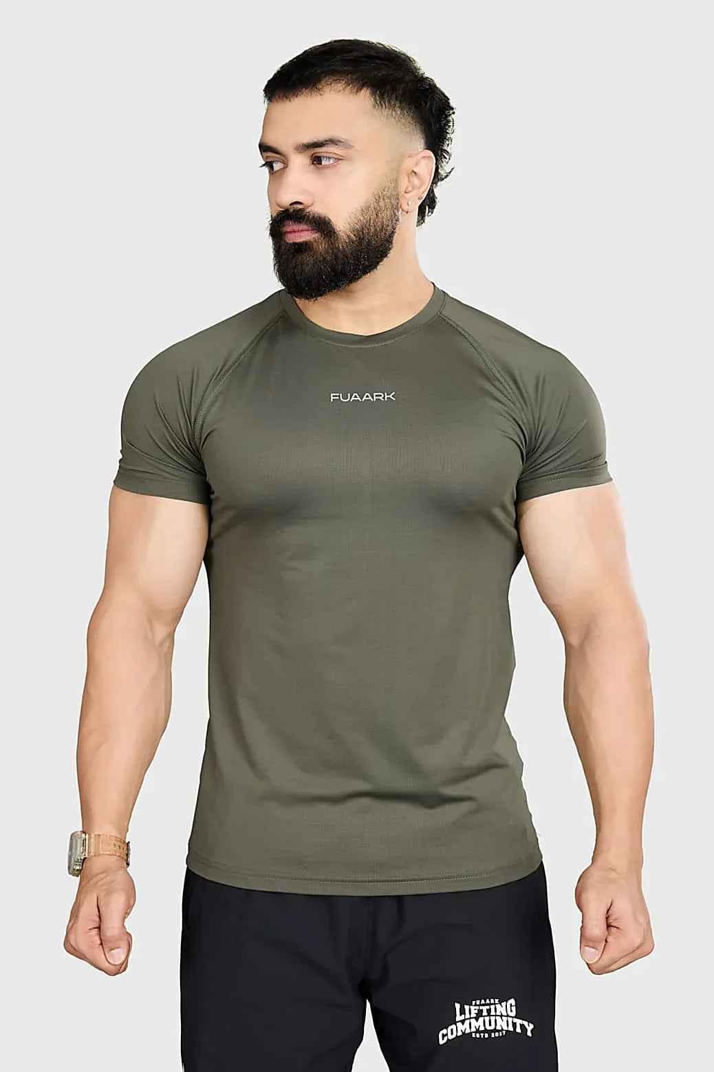 Olive green Dash T-shirt by Fuaark Nz, casual and stylish cotton t-shirt for everyday wear, displayed on a plain background.
