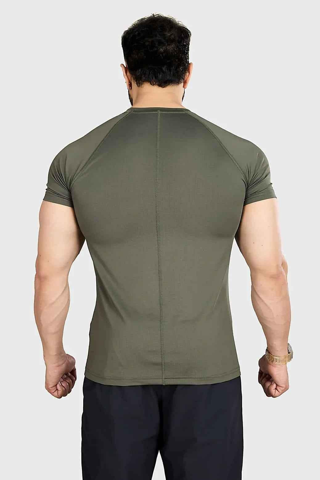 Olive green Fuaark NZ Dash T-shirt, stylish and comfortable casual wear, displayed on a hanger with a plain background.