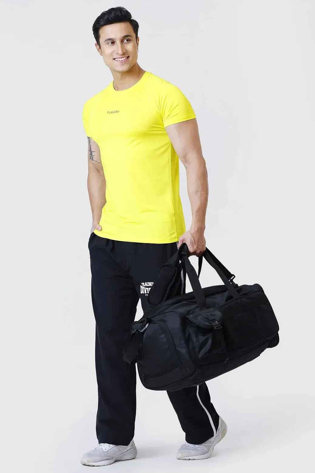 Yellow Dash T-shirt by Fuaark Nz, casual short-sleeve tee with a round neckline, displayed on a plain background.