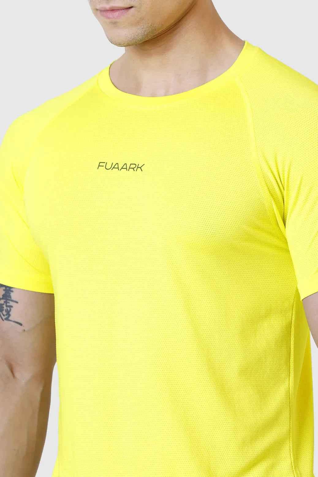 Yellow Dash T-shirt by Fuaark Nz, casual cotton shirt with a bold graphic design, displayed on a white background.