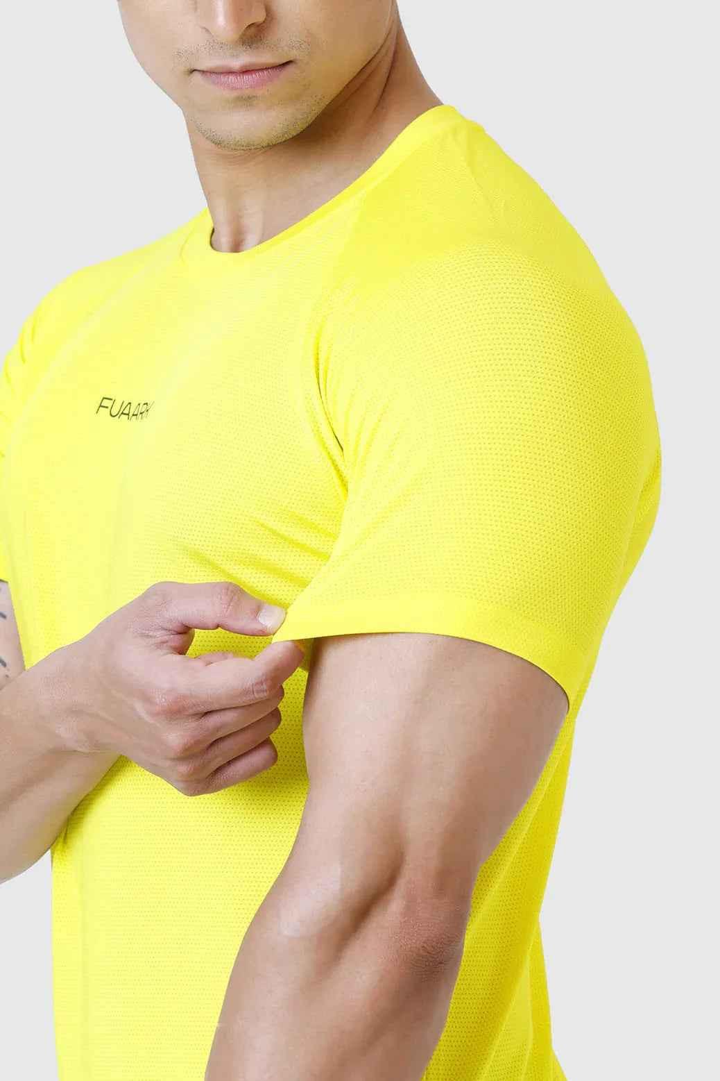 Yellow Dash T-shirt by Fuaark Nz, casual cotton tee with a bold graphic design, displayed on a plain background.