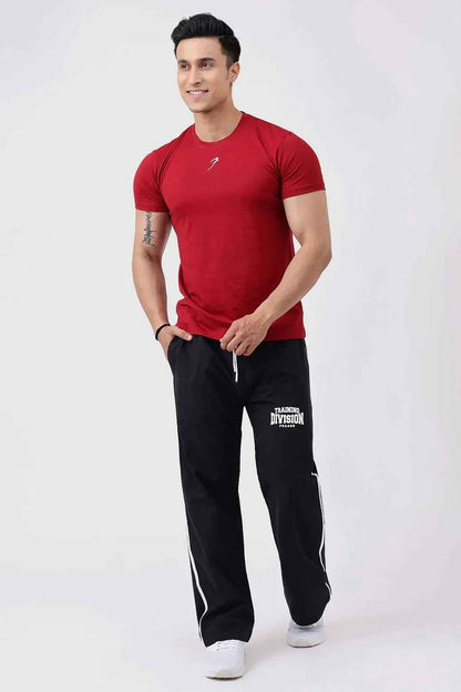 Deep red Fuaark Nz pulse T-shirt with bold style and comfortable fit, shown flat on a white background.
