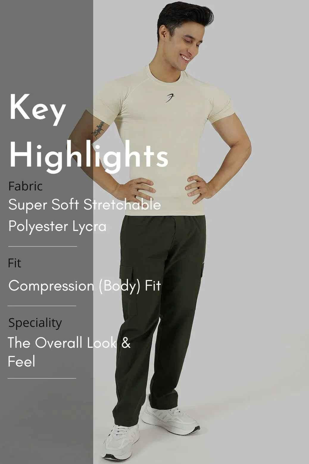Beige Fuaark Nz compression T-shirt for men, designed for athletic performance and active wear.