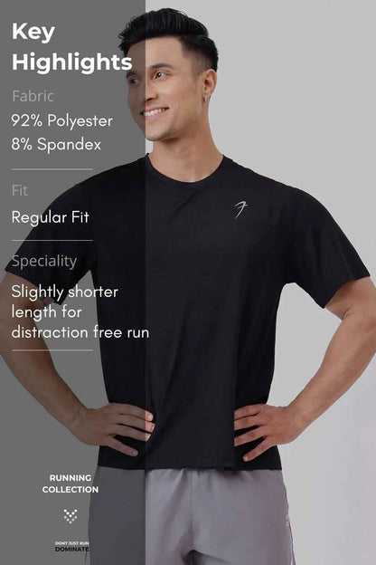 Black Ember Running T-shirt by Fuaark Nz, displayed flat with lightweight fabric and subtle branding details.