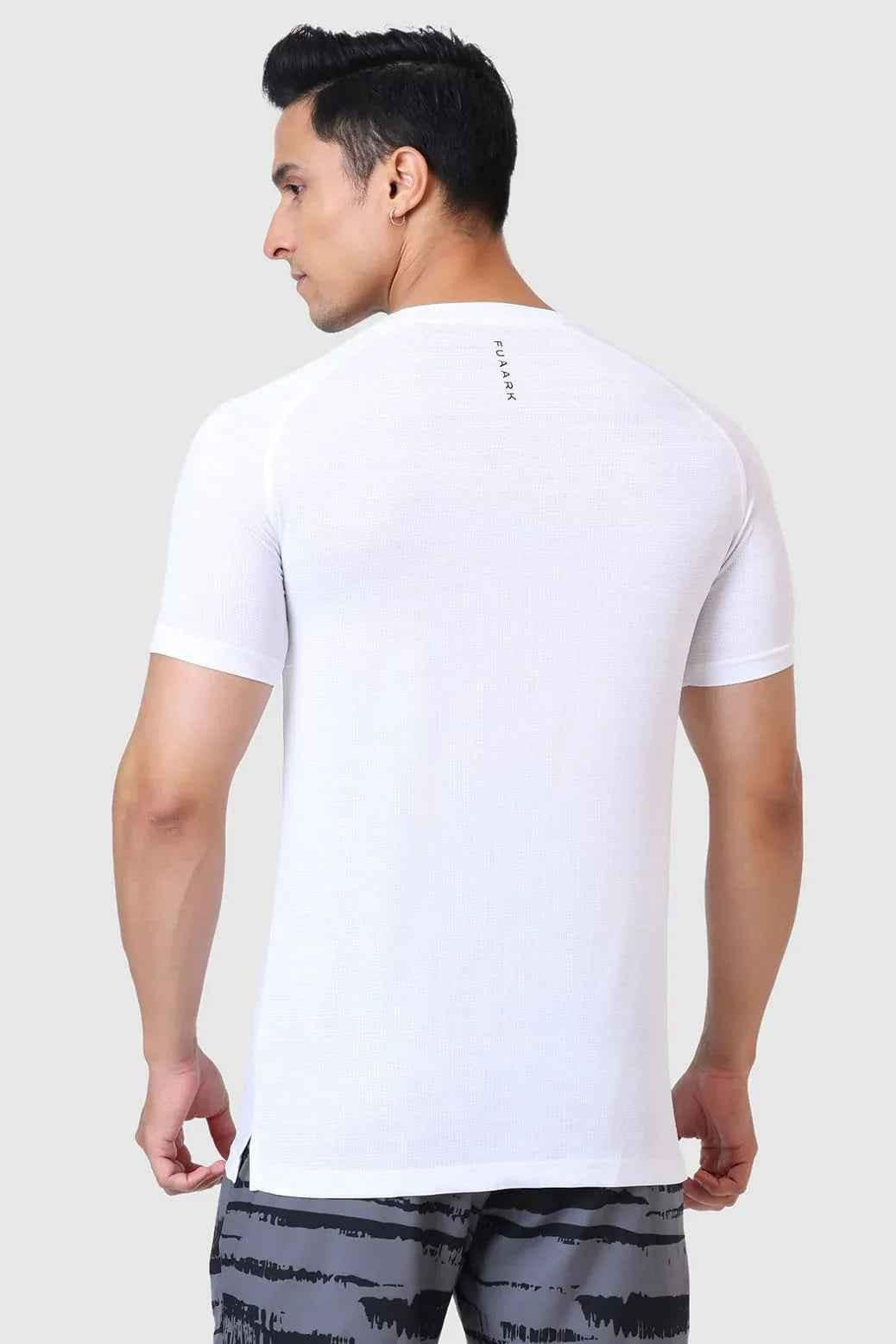 White Ember T-shirt by Fuaark Nz, showing a casual cotton T-shirt with a crew neckline and short sleeves.