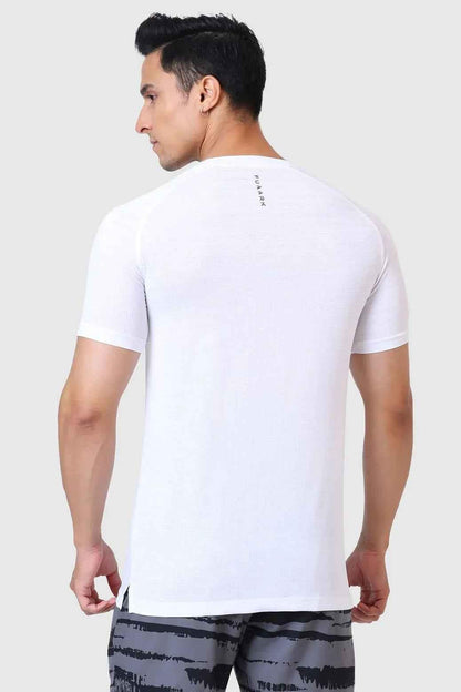White Ember T-shirt by Fuaark Nz, showing a casual cotton T-shirt with a crew neckline and short sleeves.