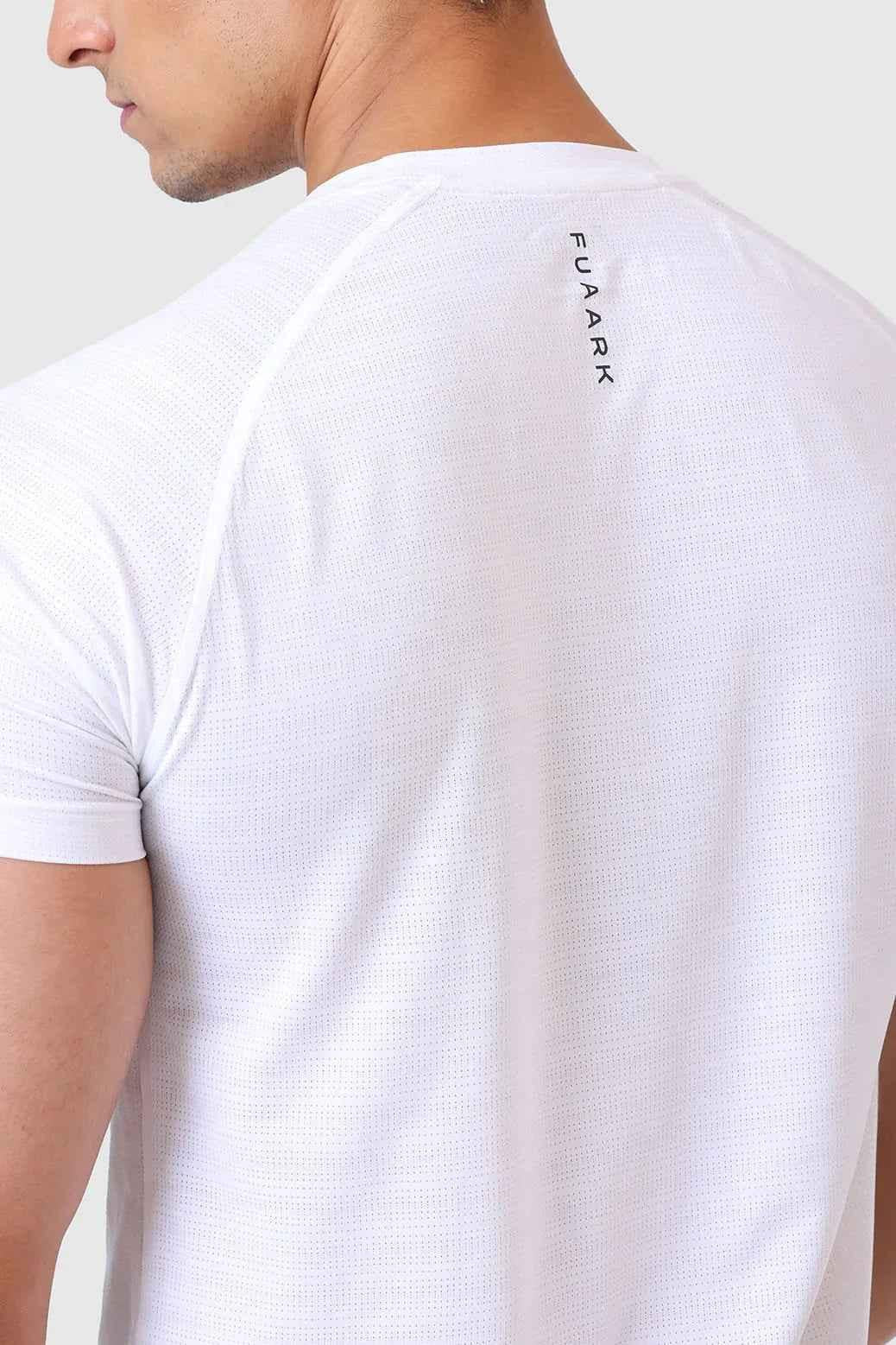 White Ember T-shirt by Fuaark Nz, showing a casual fit with soft cotton fabric and minimalist design.