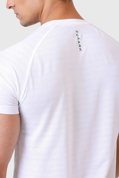 White Ember T-shirt by Fuaark Nz, showing a casual fit with soft cotton fabric and minimalist design.