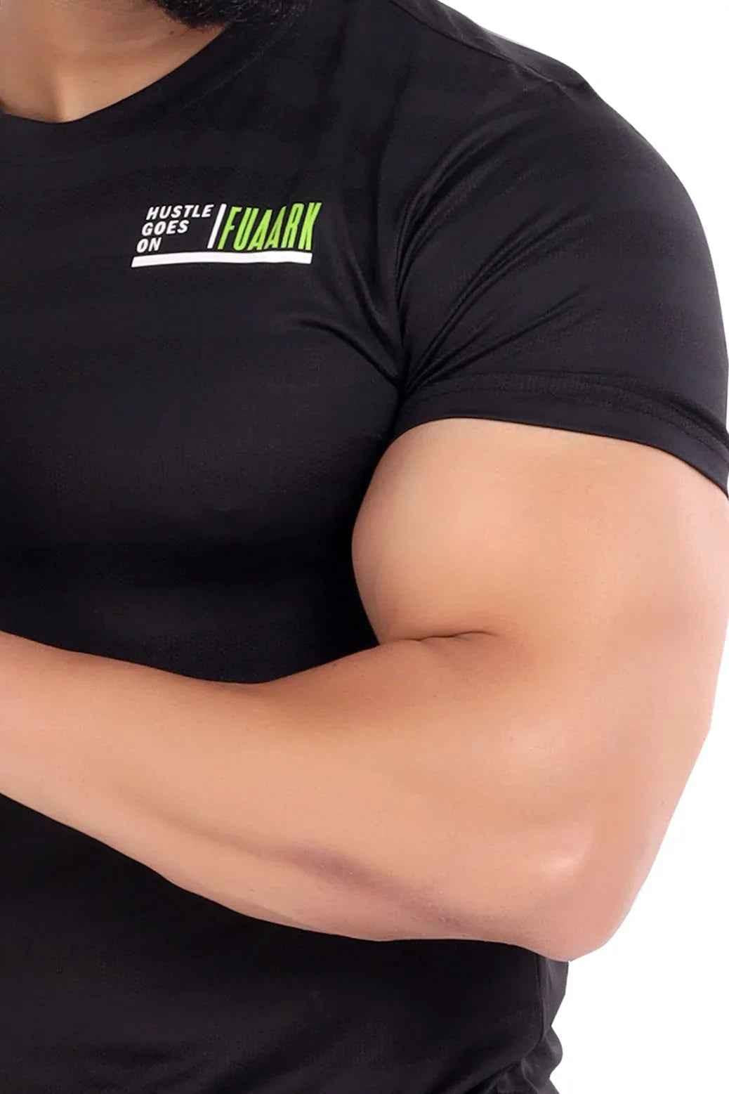 Black T-shirt with emblem design from Fuaark Nz, featuring a casual fit and classic style.