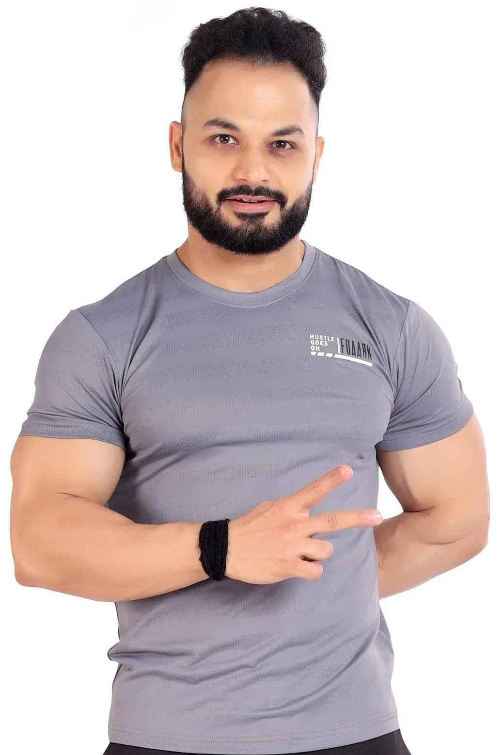 Grey Fuaark Nz Emblem T-shirt showing a casual fit with a stylish emblem design on the front.