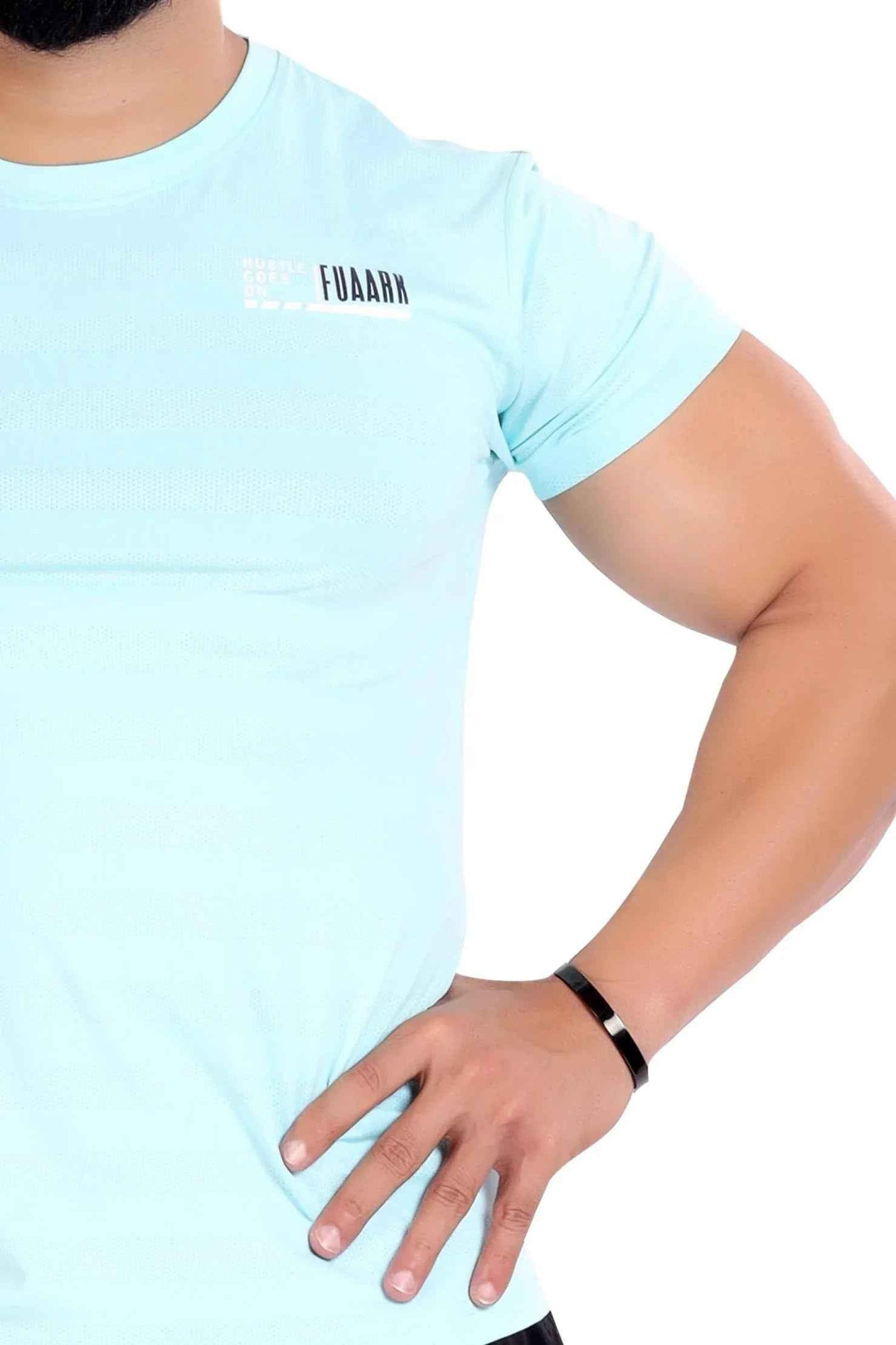 Sky blue Emblem T-shirt by Fuaark Nz featuring a minimalist emblem design on the front.
