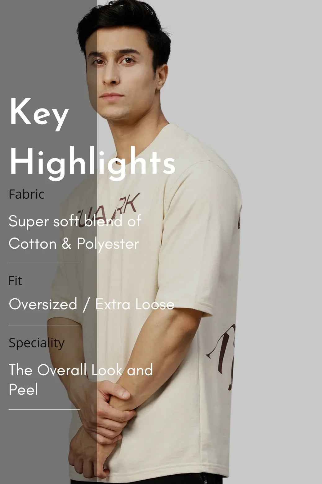 Beige oversized T-shirt from Fuaark Nz with energy graphic print, casual fit, soft fabric, and relaxed style.