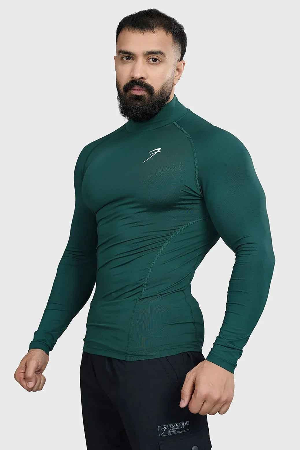 Emerald high neck compression full sleeves T-shirt by Fuaark Nz, showcasing a sleek fit and comfortable fabric.
