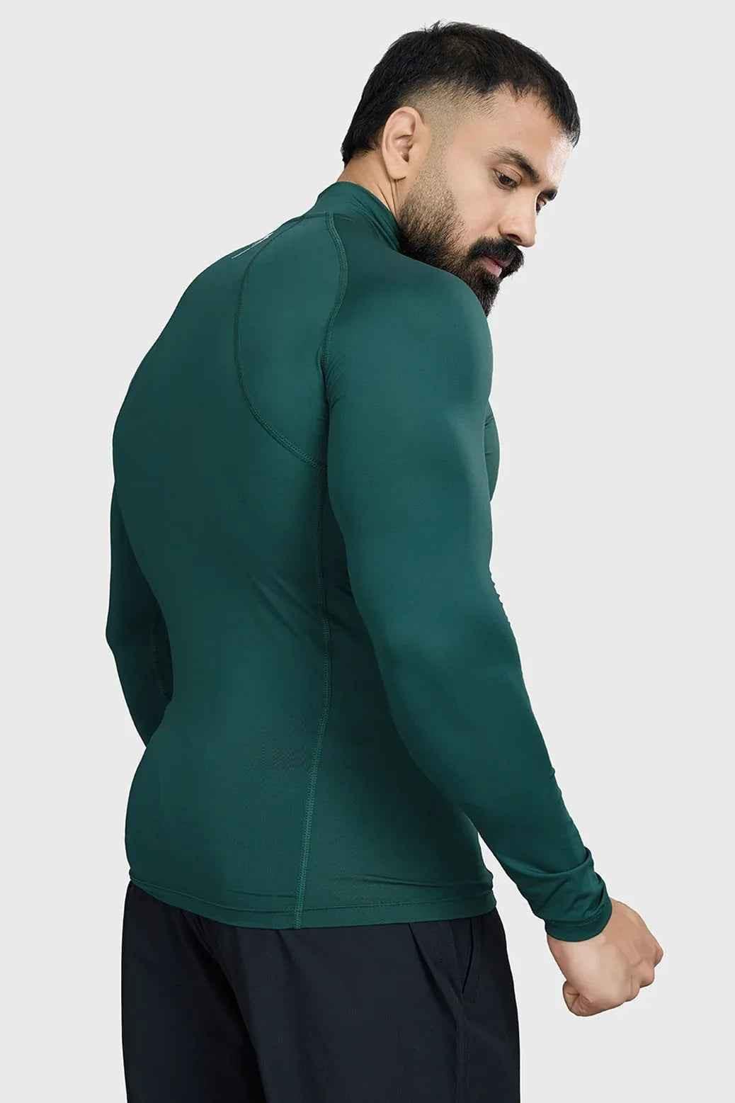 Emerald high neck compression T-shirt with full sleeves by Fuaark Nz, designed for comfort and support.