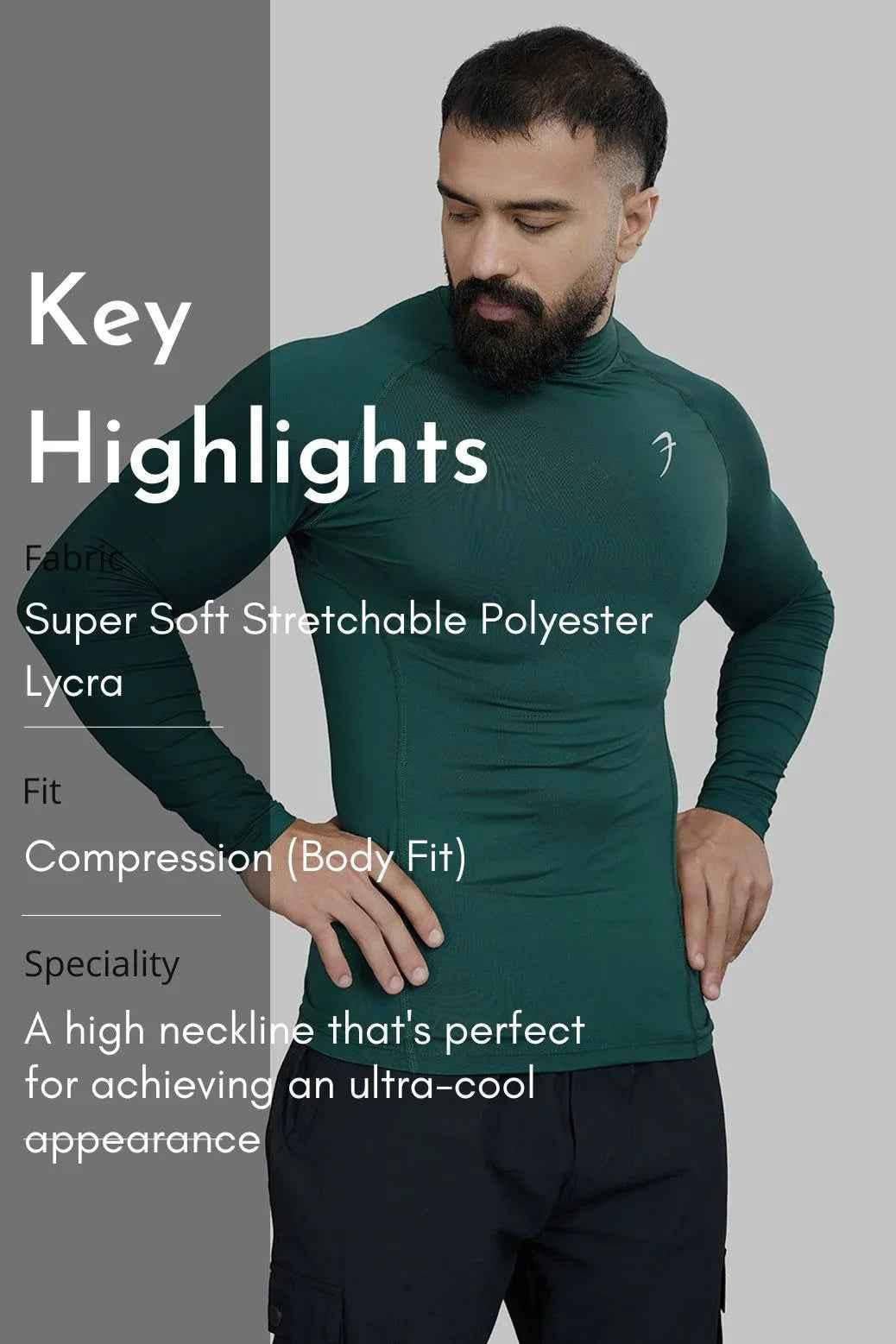 Emerald high neck compression full sleeves T-shirt by Fuaark Nz, designed for comfort and support, shown on a plain background.