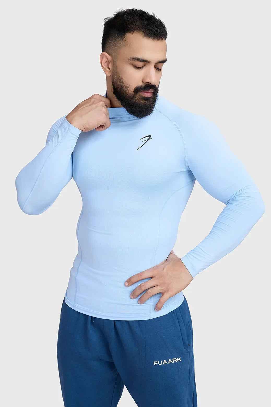 Fuaark Nz high neck compression full sleeves T-shirt in Glacial Blue, showcasing the sleek design and fitted style.