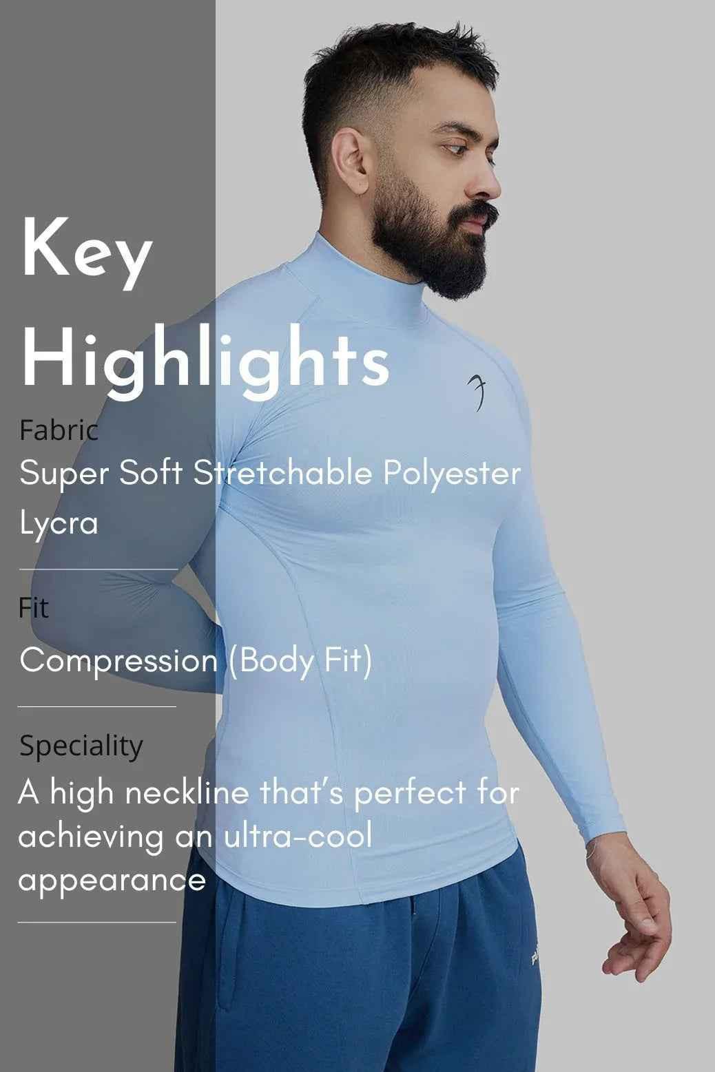 Fuaark Nz high neck compression full sleeves T-shirt in Glacial Blue, showcasing a snug fit and sleek design.