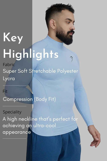 Fuaark Nz high neck compression full sleeves T-shirt in Glacial Blue, showcasing a snug fit and sleek design.