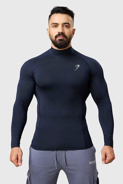 Navy high neck compression T-shirt with full sleeves by Fuaark Nz, designed for athletic support and comfort.