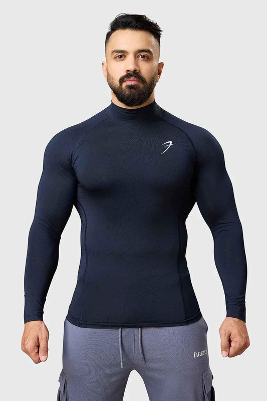 Navy high neck compression T-shirt with full sleeves by Fuaark Nz, designed for athletic support and comfort.