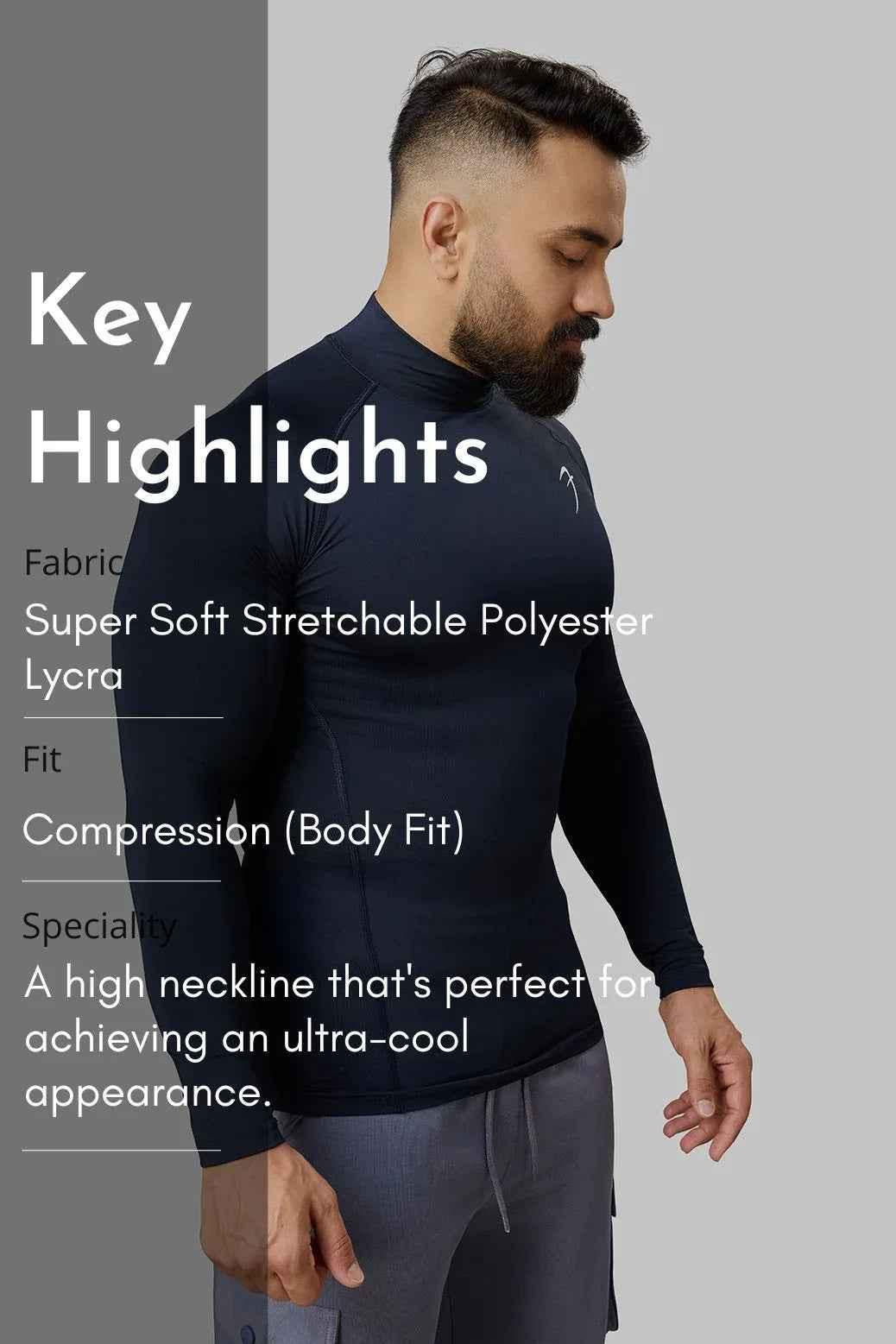 Navy high neck compression full sleeves T-shirt by Fuaark Nz, showcasing fitted design and sleek fabric.