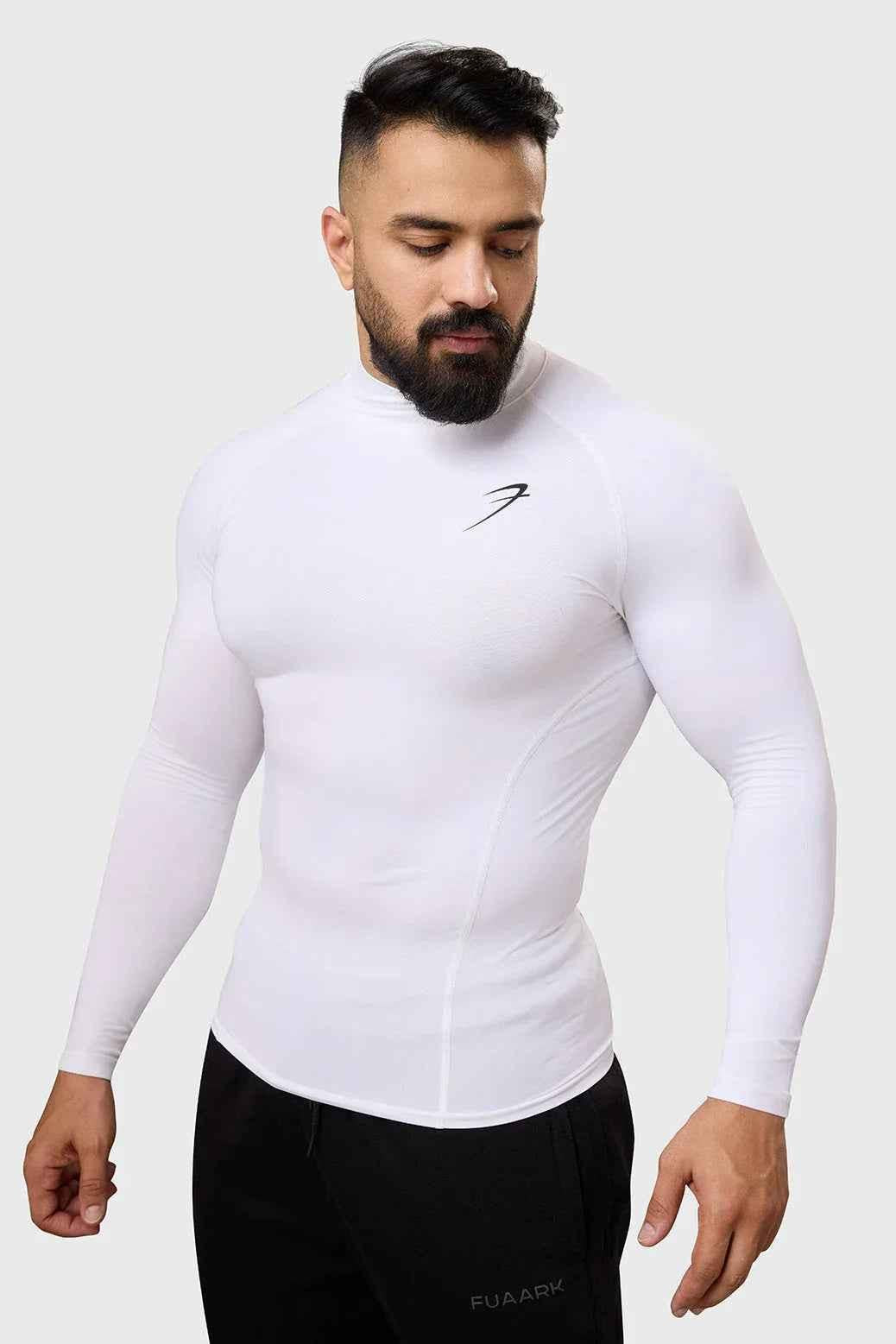 White Fuaark Nz high neck compression full sleeves T-shirt, close-up view showing fitted design and smooth fabric.