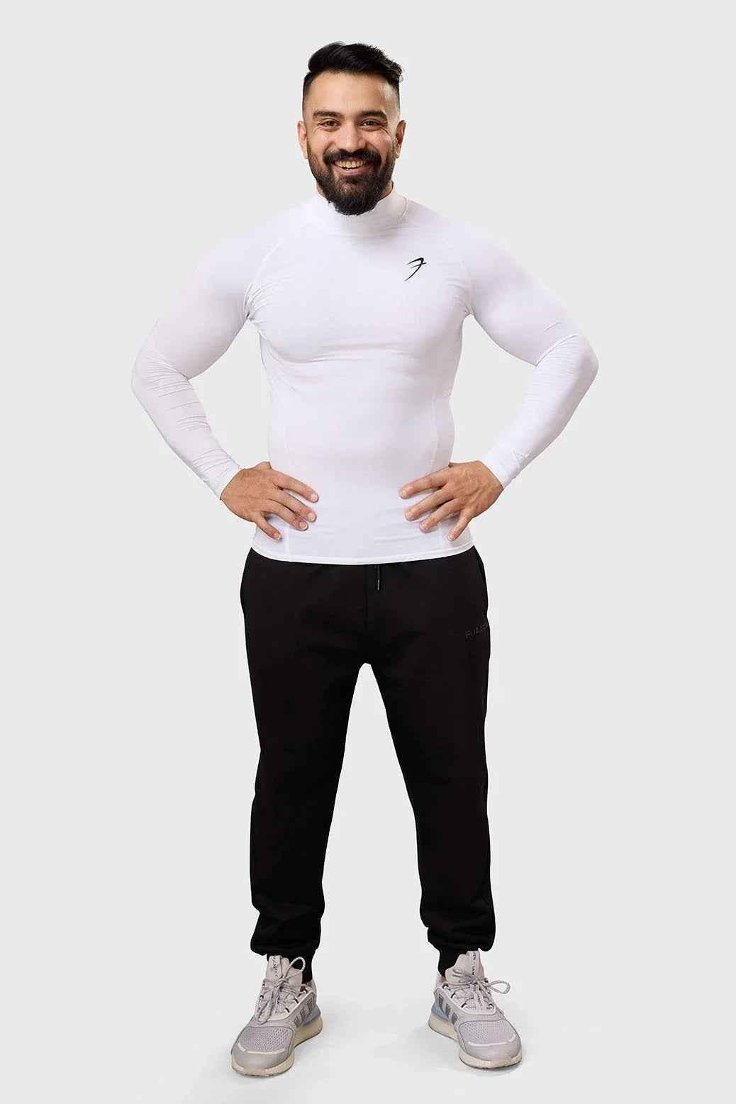 White high neck compression T-shirt by Fuaark Nz with full sleeves, designed for comfort and support.