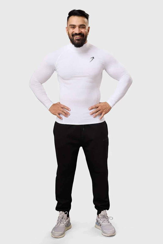 White high neck compression T-shirt by Fuaark Nz with full sleeves, designed for comfort and support.