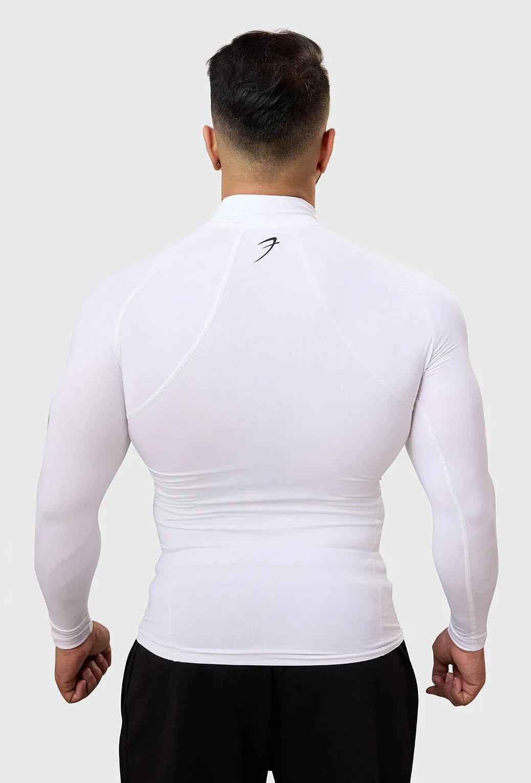 White high neck compression full sleeves T-shirt by Fuaark Nz, designed for comfort and support, shown on a plain background.