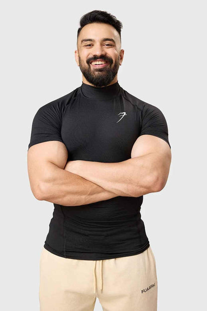 Black high neck compression T-shirt from Fuaark Nz, showcasing a fitted, sleek design ideal for active wear.