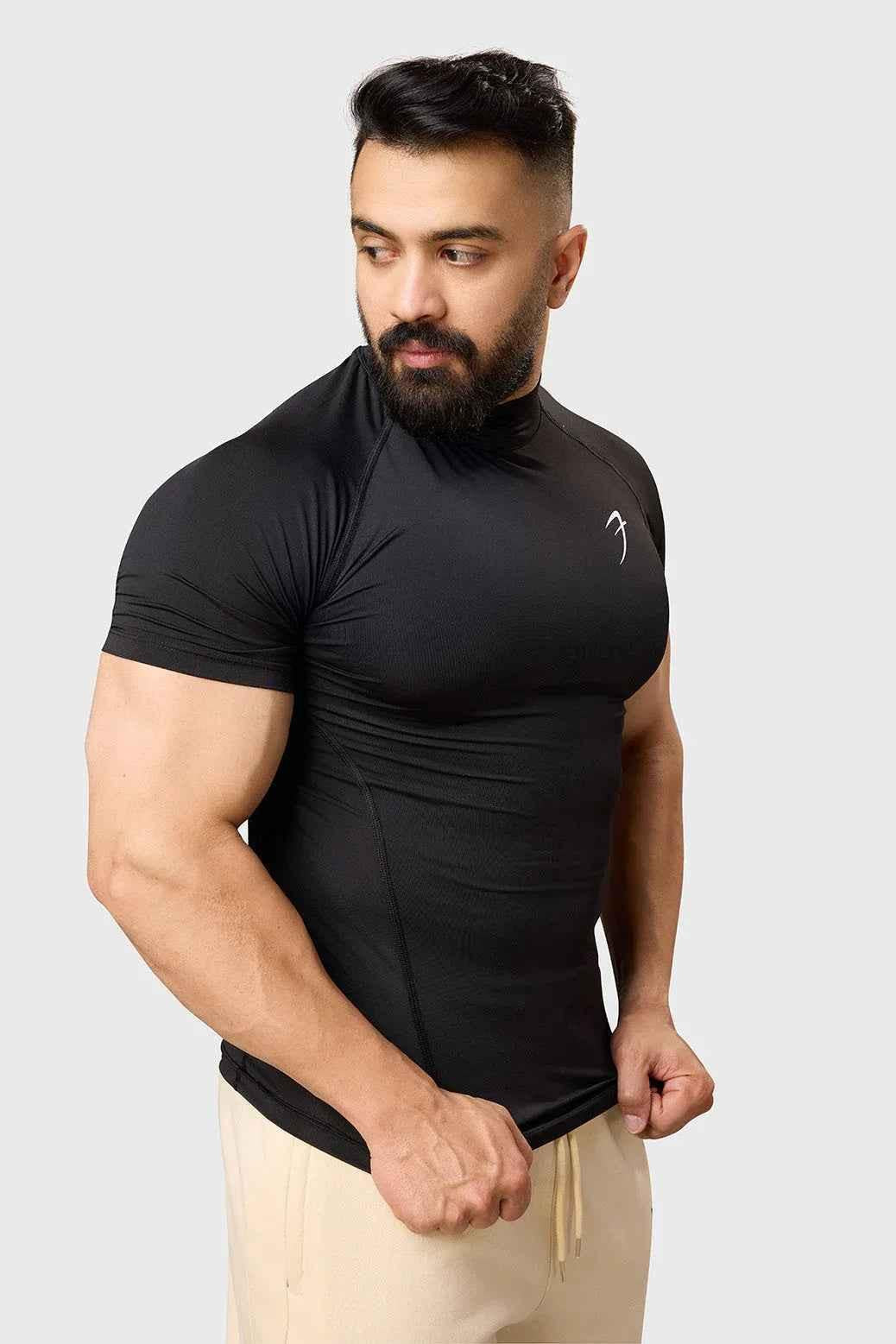Fuaark Nz high neck black compression T-shirt for men, close-up of sleek, fitted athletic shirt with high neckline.