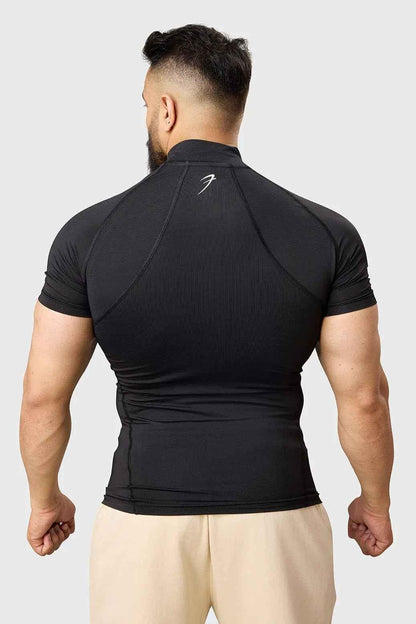 Black high neck compression T-shirt by Fuaark Nz, shown on a mannequin, highlighting its snug fit and sleek design.