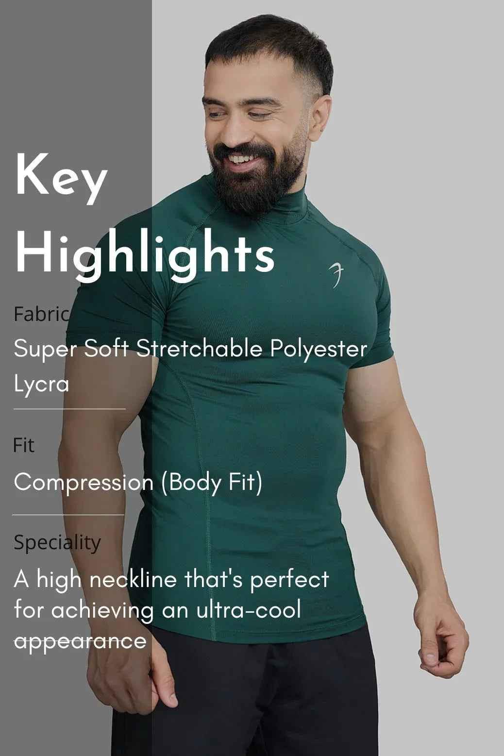 Fuaark Nz high neck compression T-shirt in emerald color, close-up view showing fitted design and smooth fabric.