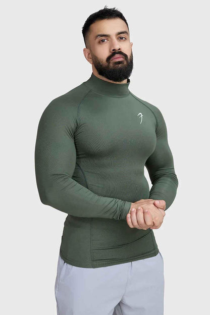 Fuaark Nz high neck compression T-shirt with full sleeves in olive color, made from stretchy, supportive fabric for active wear.