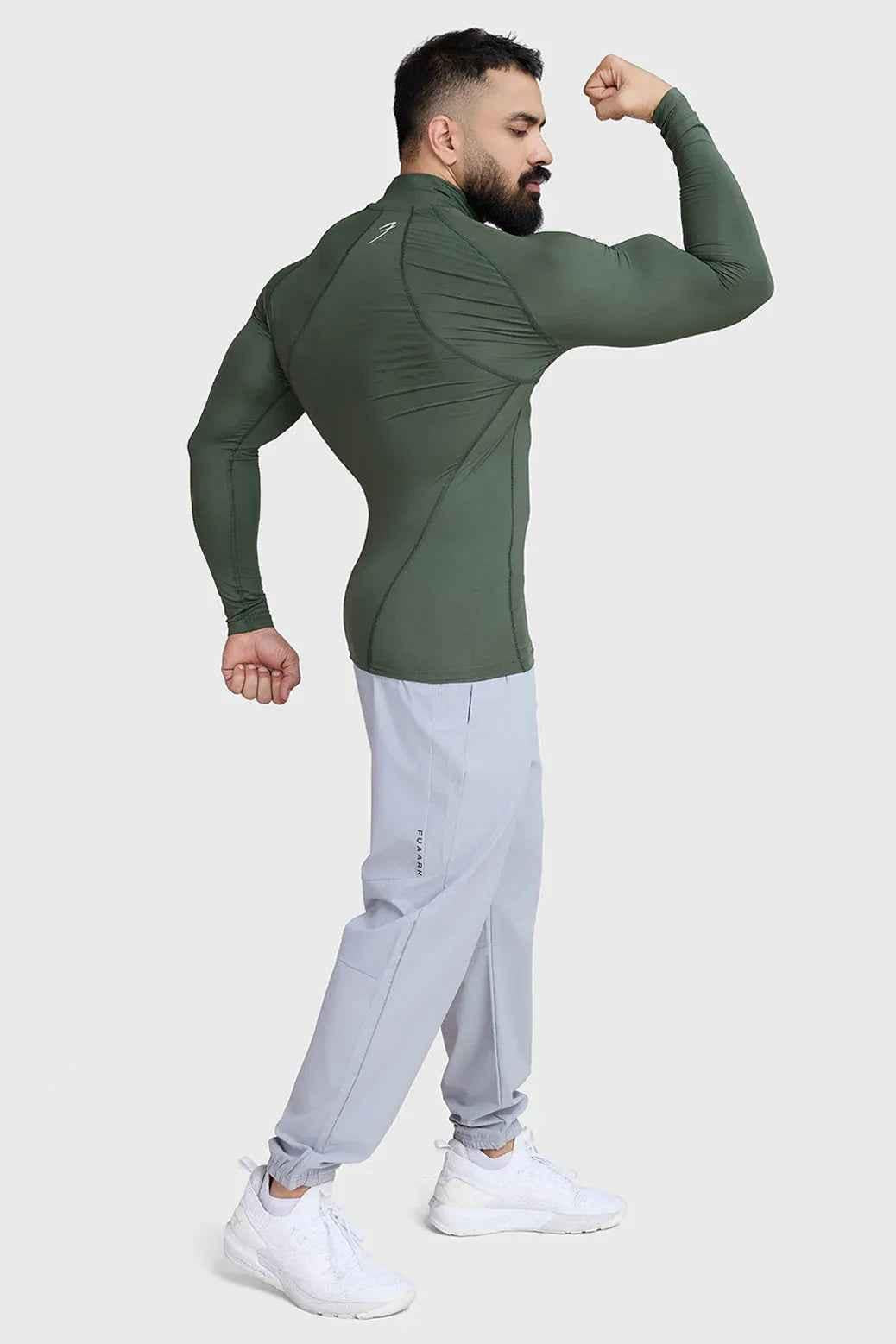Fuaark Nz high neck compression T-shirt with full sleeves in olive, designed for athletic support and comfort.