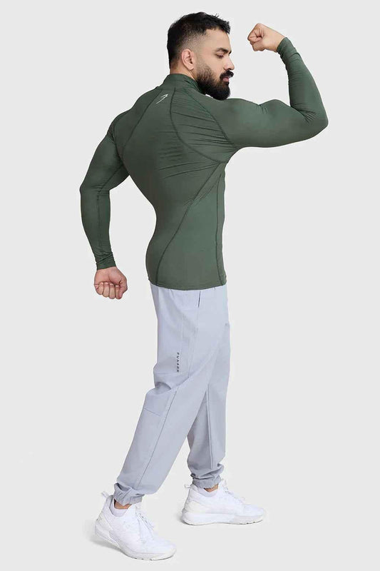Fuaark Nz high neck compression T-shirt with full sleeves in olive, designed for athletic support and comfort.