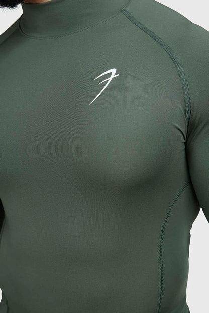 Fuaark NZ high neck compression T-shirt with full sleeves in olive color, designed for athletic or casual wear.