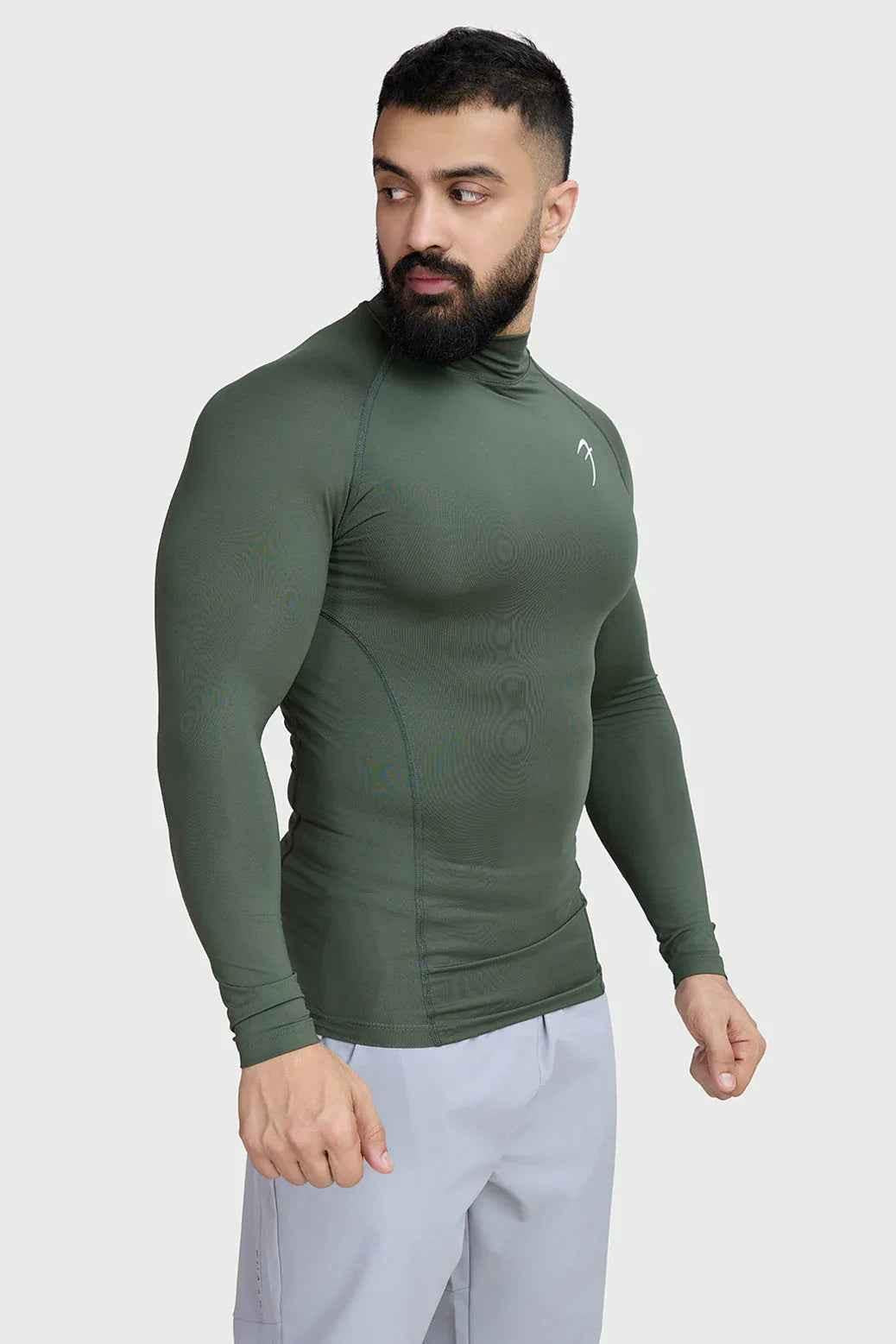 Fuaark Nz high neck compression T-shirt with full sleeves in olive, showcasing a fitted design and soft fabric.