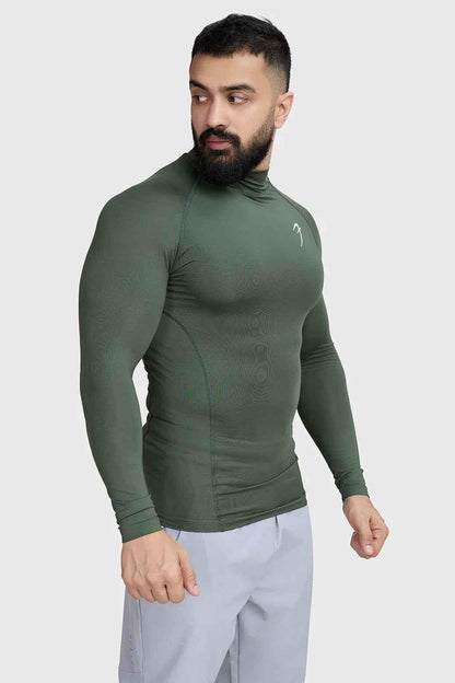 Fuaark Nz high neck compression T-shirt with full sleeves in olive, showcasing a fitted design and soft fabric.
