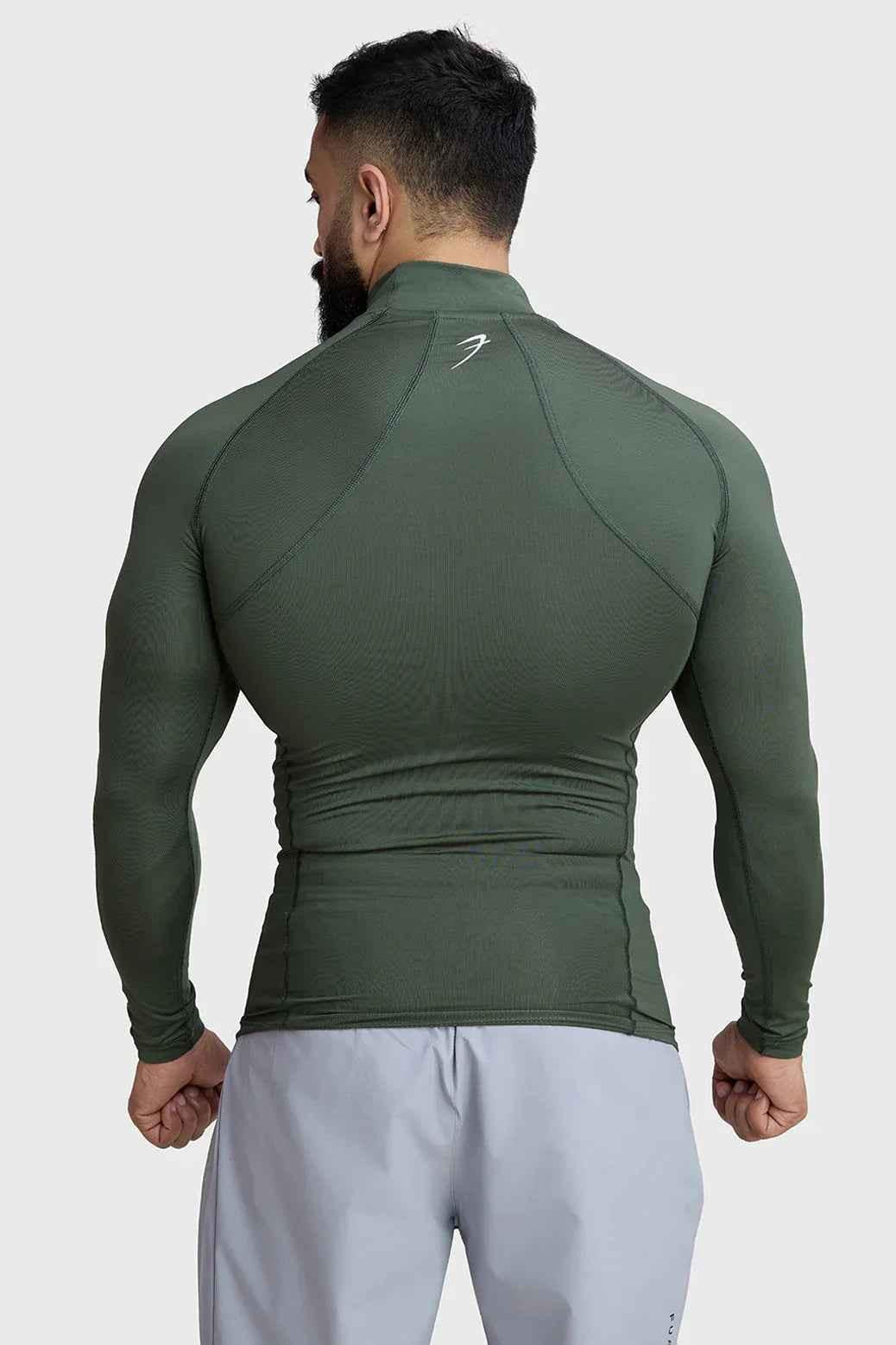 Fuaark Nz high neck compression T-shirt with full sleeves in olive color, designed for a snug fit and support.