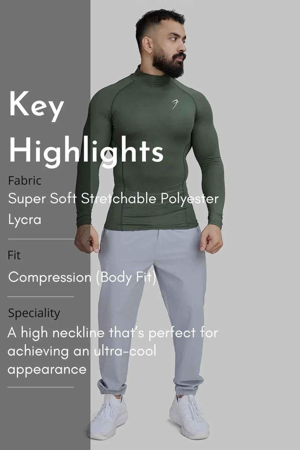 Fuaark Nz high neck compression T-shirt with full sleeves in olive, showcasing fitted design and soft fabric.