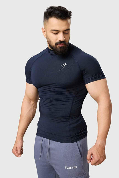 Navy high neck compression T-shirt by Fuaark NZ, close-up of fitted athletic T-shirt with high neckline and smooth fabric.