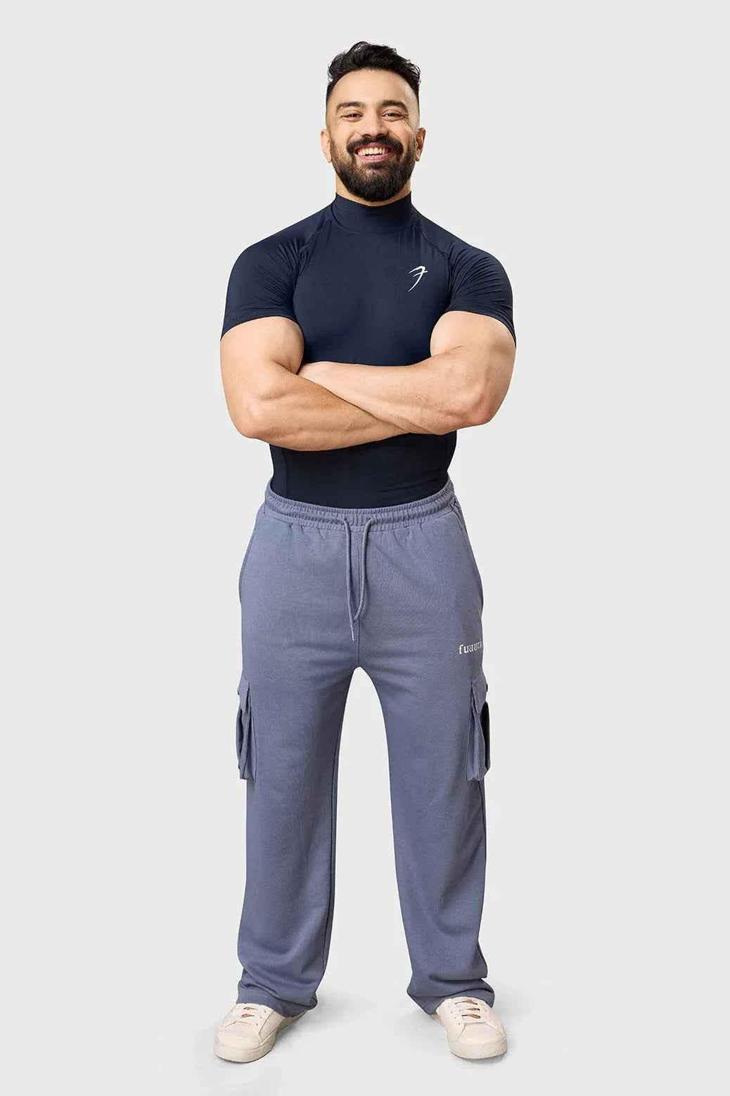 Navy high neck compression T-shirt by Fuaark Nz, close-up of sleek fabric and fitted design for athletic support.