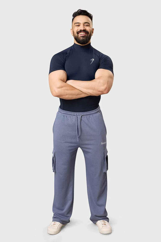Navy high neck compression T-shirt by Fuaark Nz, close-up of sleek fabric and fitted design for athletic support.