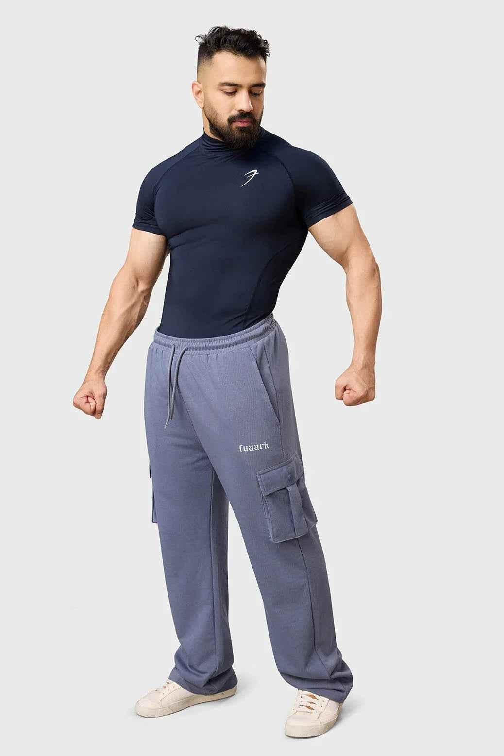Navy high neck compression T-shirt from Fuaark Nz, close-up view showing sleek fit and fabric texture.