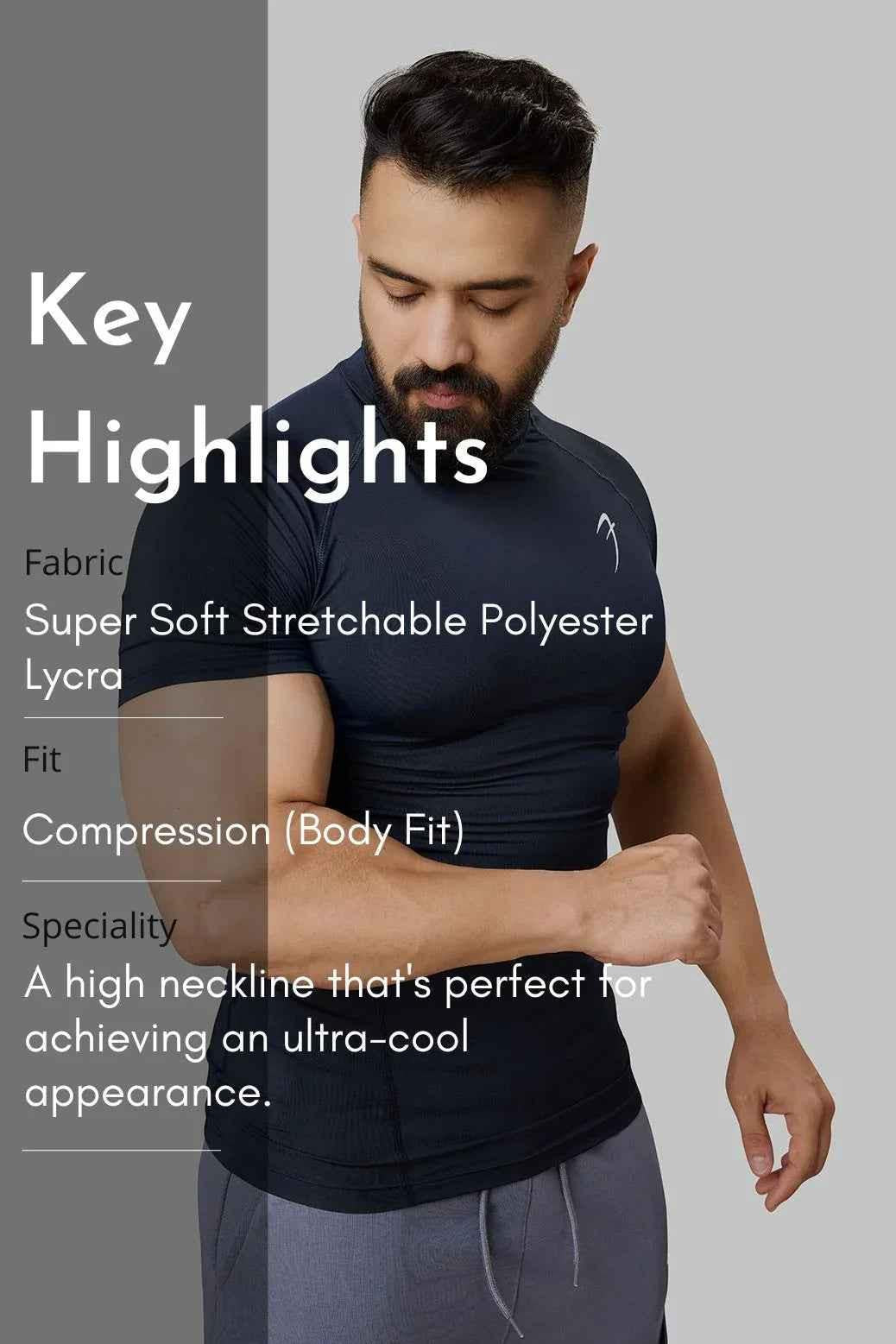 Navy high neck compression T-shirt by Fuaark NZ, close-up of fitted, stretchy fabric showcasing sleek design and neckline.