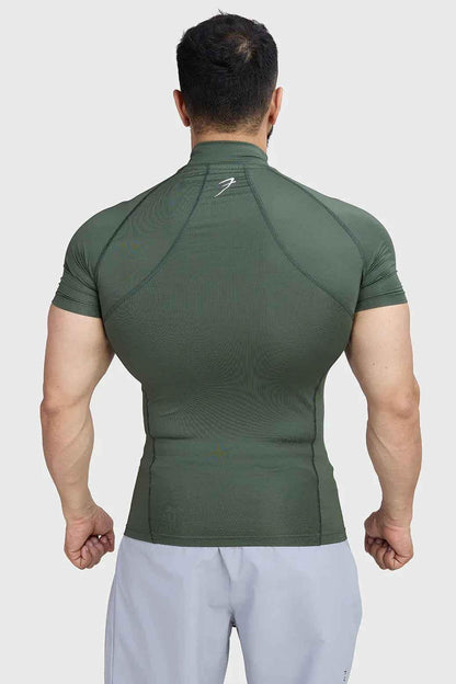 Olive high neck compression T-shirt by Fuaark Nz, close-up of fabric and fitted design.