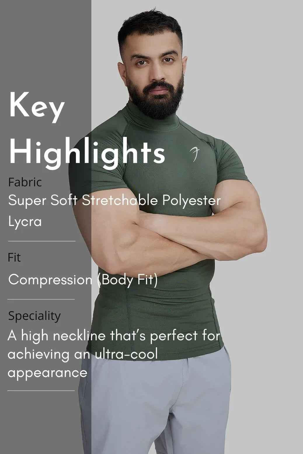 Olive high neck compression T-shirt by Fuaark Nz, form-fitting athletic T-shirt with sleek design and stretchy fabric.