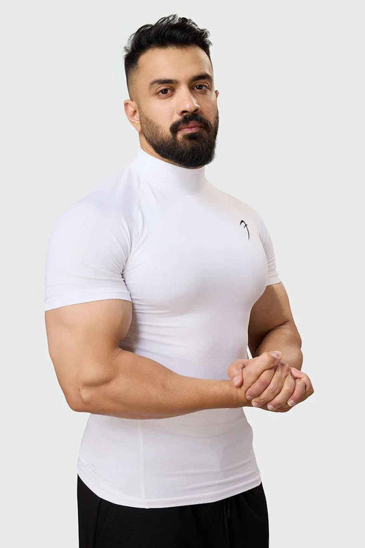 White high neck compression T-shirt by Fuaark Nz, close-up view showing soft fabric and fitted design.